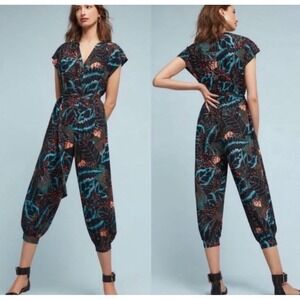 Anthropologie Maeve Geoscope printed floral leaf jumpsuit. Pockets. Sz S